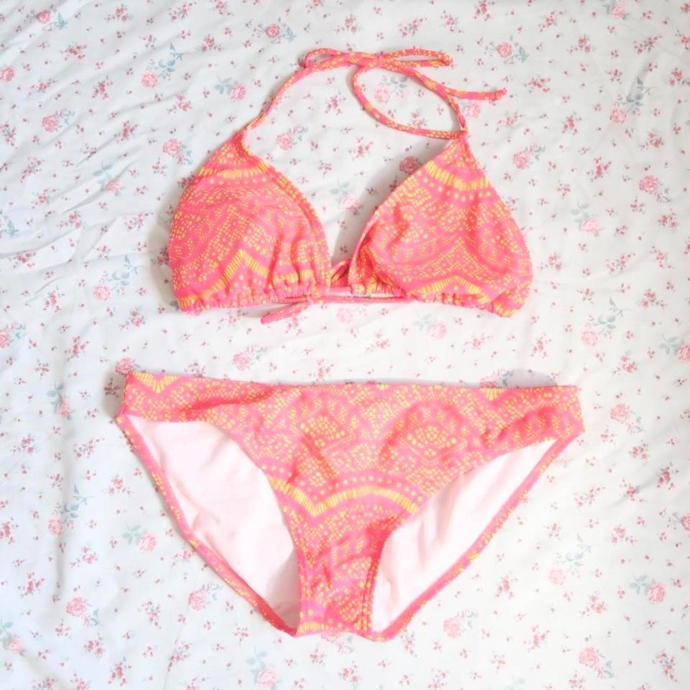 island love neon pink yellow geometric string bikini set y2k